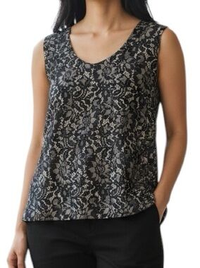 Vintage Northern Traditions Sleeveless Lace Overlay Look Top Black Tan Size L